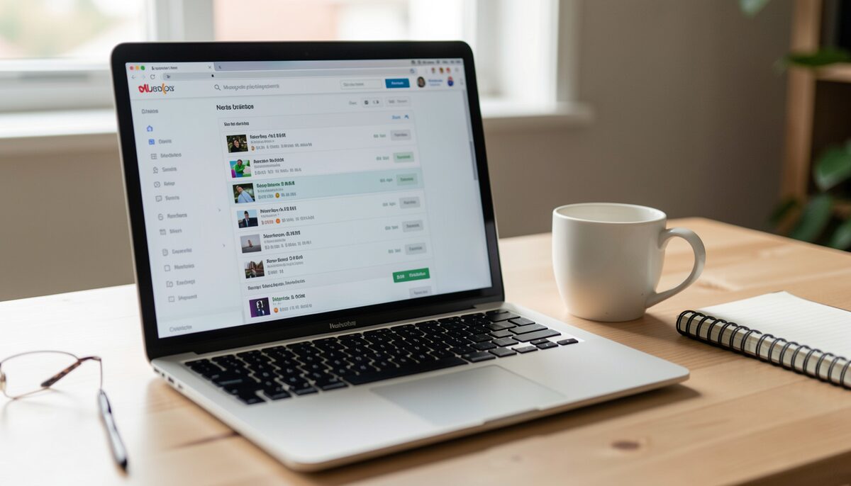 Laptop mit digitaler Archivseite und Suchtreffern, daneben eine Tasse und ein Notizblock. Illustratives Bild, mit KI generiert.