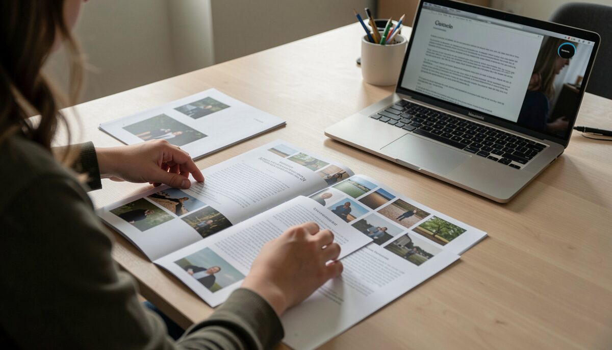 Person ordnet Ausdrucke und kleine Fotos auf einem Tisch, daneben ein Laptop mit einem Textdokument. Illustratives Bild, mit KI erzeugt.