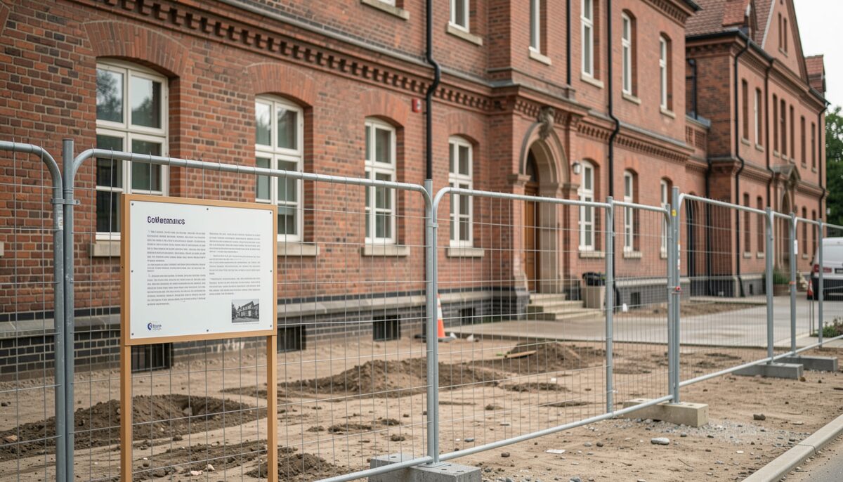Baustellenzaun vor historischem Backsteingebäude, Hinweistafel sichtbar. Illustratives Bild, generiert mit KI.