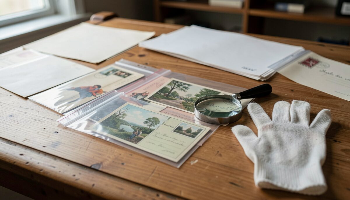Postkarten in Schutzhüllen mit Lupe und Baumwollhandschuh auf einem Tisch. Illustratives Bild, mit KI erzeugt.