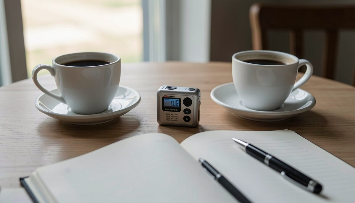 Dokumentarische Aufnahme: kleines Diktiergerät auf einem Tisch zwischen zwei Kaffeetassen, davor ein offenes Notizbuch. Illustratives Bild, mit KI erzeugt.