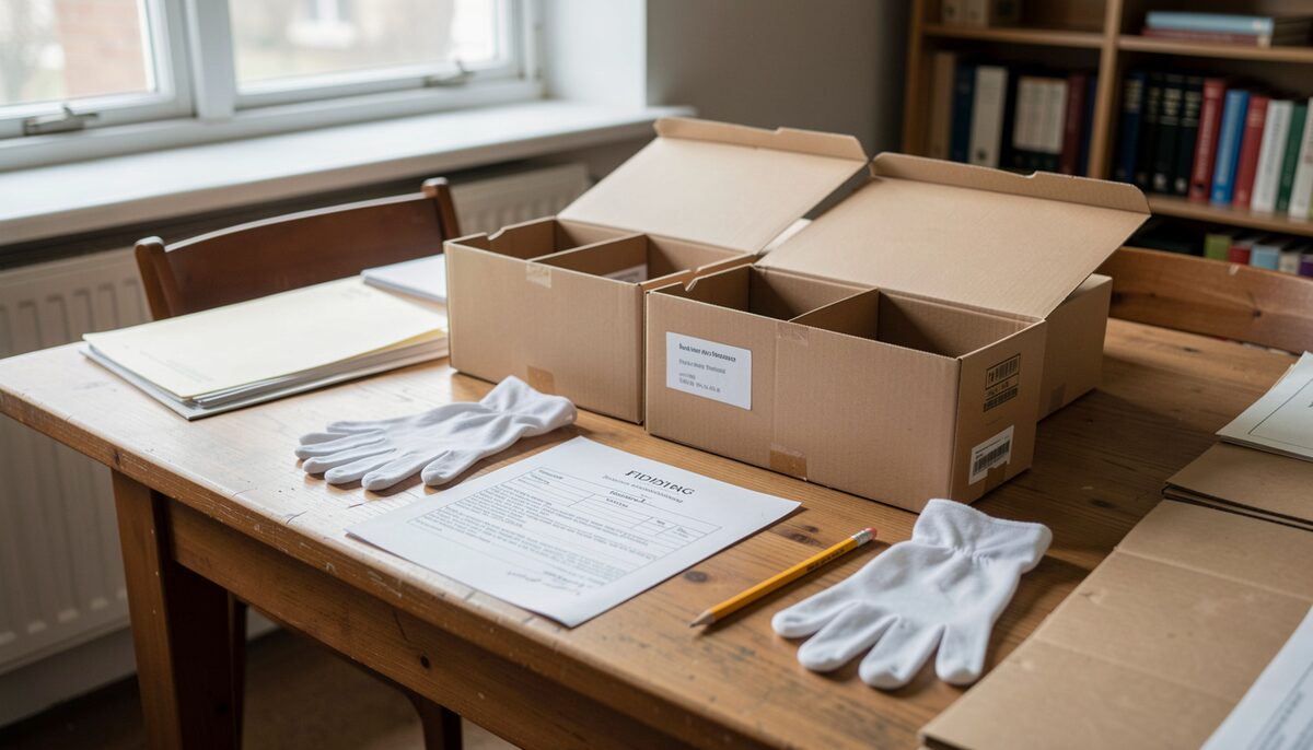 Lesesaal mit Archivkartons, Baumwollhandschuhen und Bleistift neben einem Findbuch. Illustratives Bild, mit KI erstellt.
