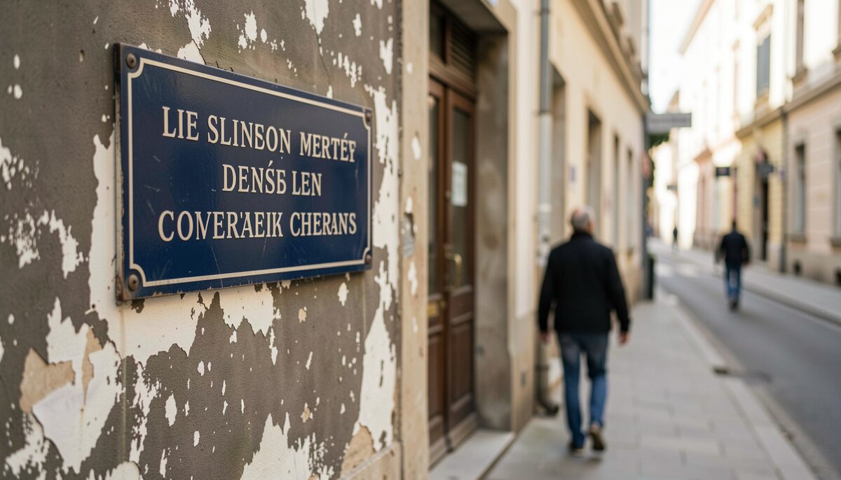 Straßenschild an einer verwitterten Wand, im Hintergrund ein vorbeigehender Fußgänger. Illustratives Bild, mit KI erstellt.